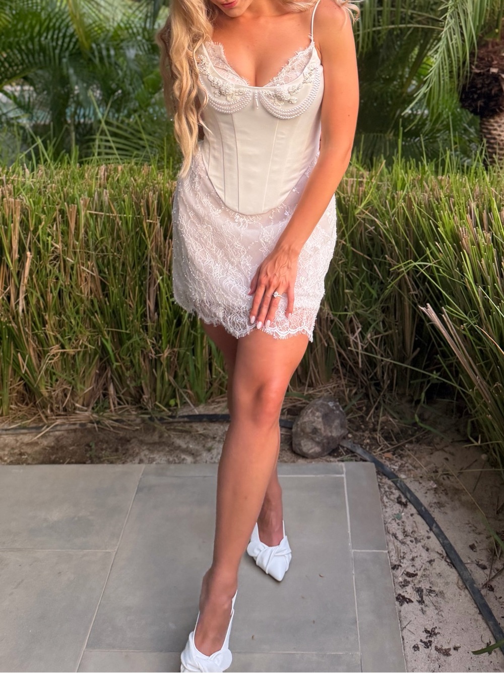 Ivory Lace-Trim Mini Dress with Corset Bodice - Picture 3 of 6